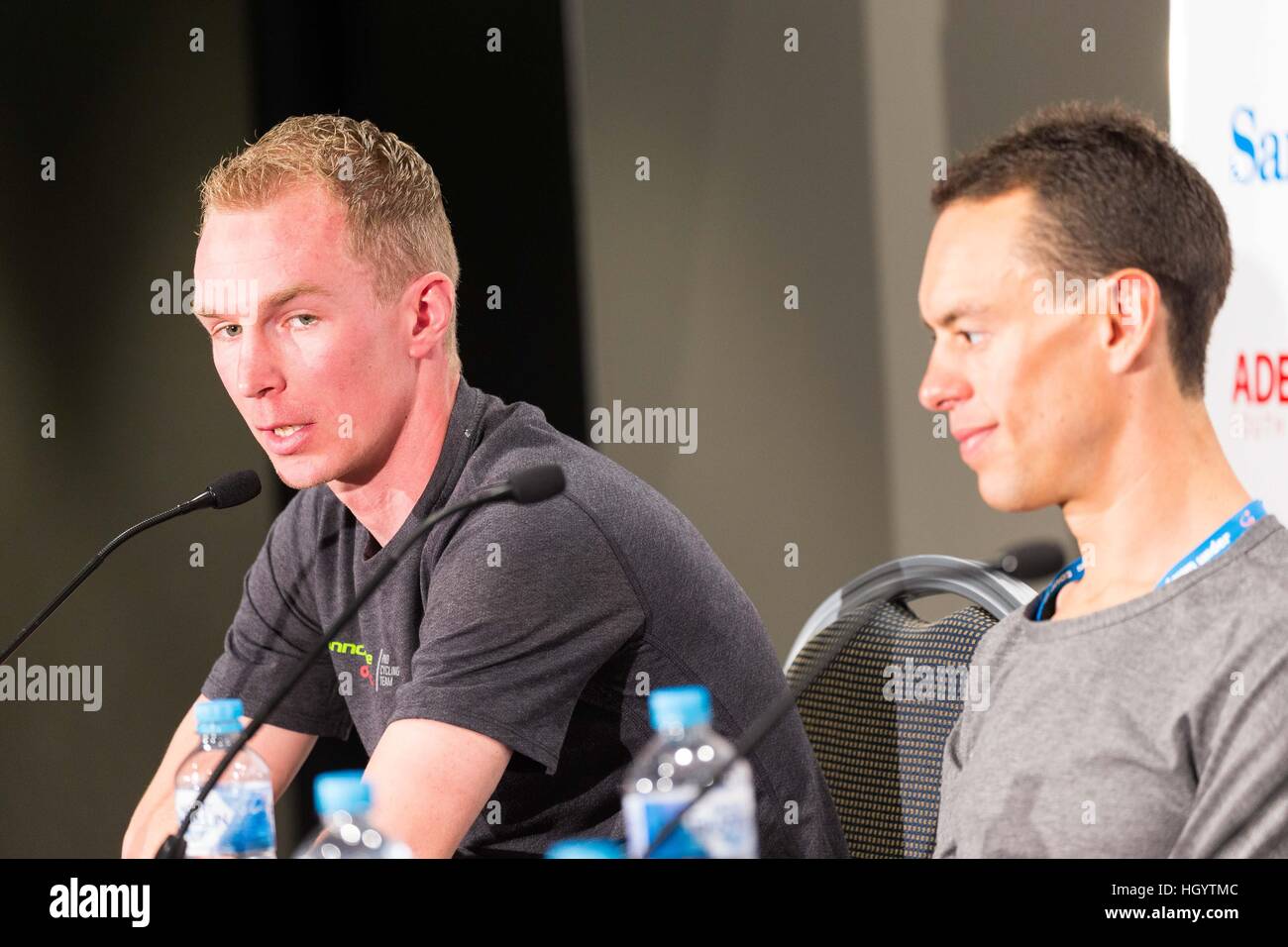 Adelaide, Australia. 7th Jan, 2017. Media Conference with (R-L) Richie Porte (BMC Racing Team), Tom-Jelte Slagter (Cannondale - Drapac Pro Cycling Team), Tour Down Under, Australia.  © Gary Francis/ZUMA Wire/Alamy Live News Stock Photo