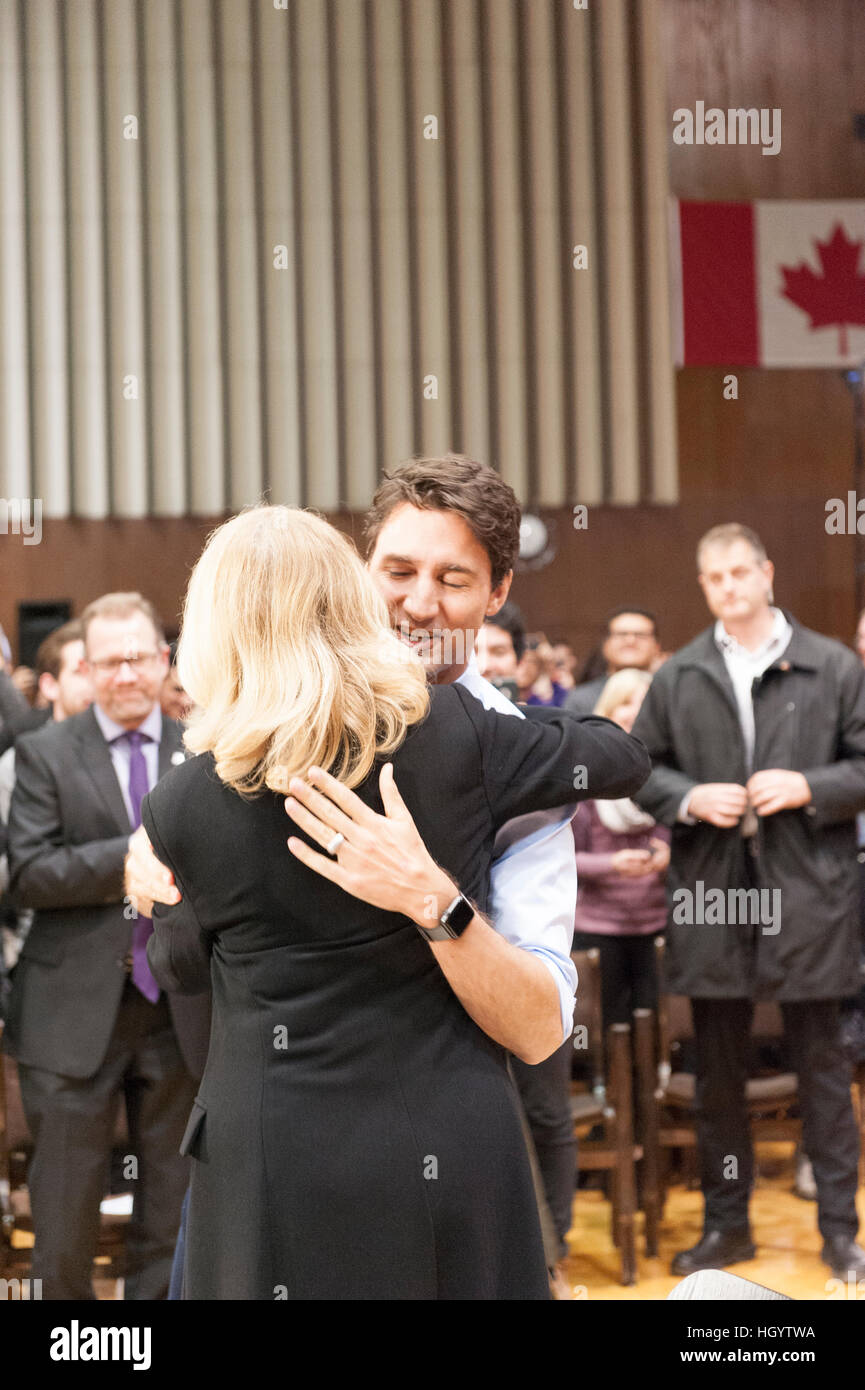 London, Canada, 13th January, 2017. Justin Trudeau, Prime Minister of Canada, being greeted by Kate Young, Member of Parliament (MP) London West upon arrival at a town hall Q&A in the Alumni Hall of London's University of Western Ontario. London was one of his stops as part of his cross-country tour. Credit: Rubens Alarcon/Alamy Live News Stock Photo