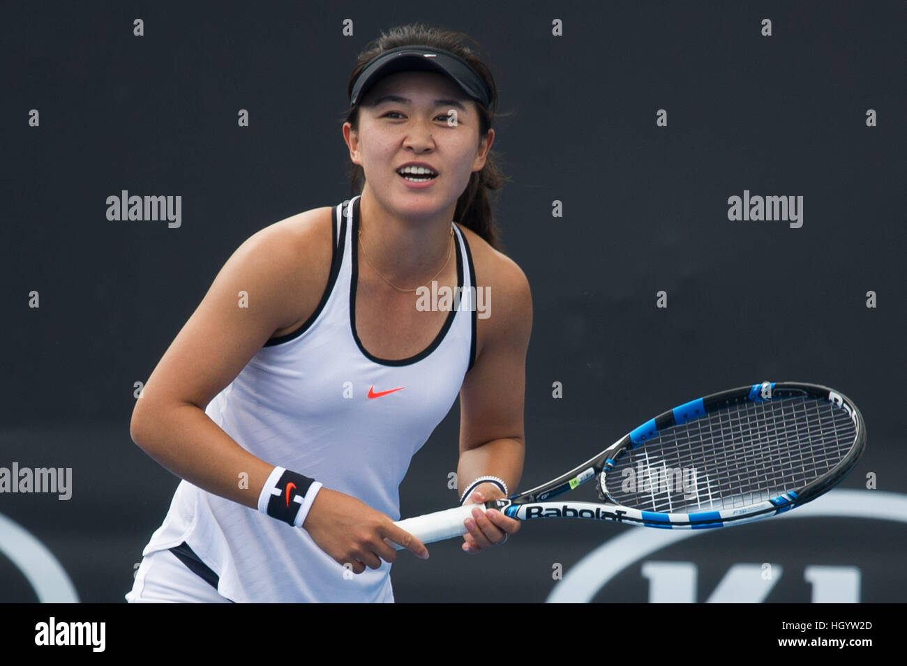 Melbourne, Australia. 14th Jan, 2017. Zhu Lin of China reacts during