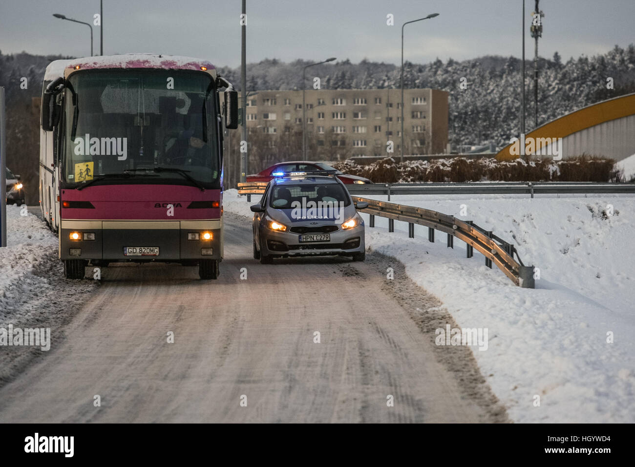 Gdansk, Poland. 14th Jan, 2017. Polish Traffic Police checks the technical condition of the buses used to transport children and drivers sober. Children in Poland starts winter holiday, and many of them goes for camps and colonies to the mountains. © Michal Fludra/Alamy Live News Stock Photo