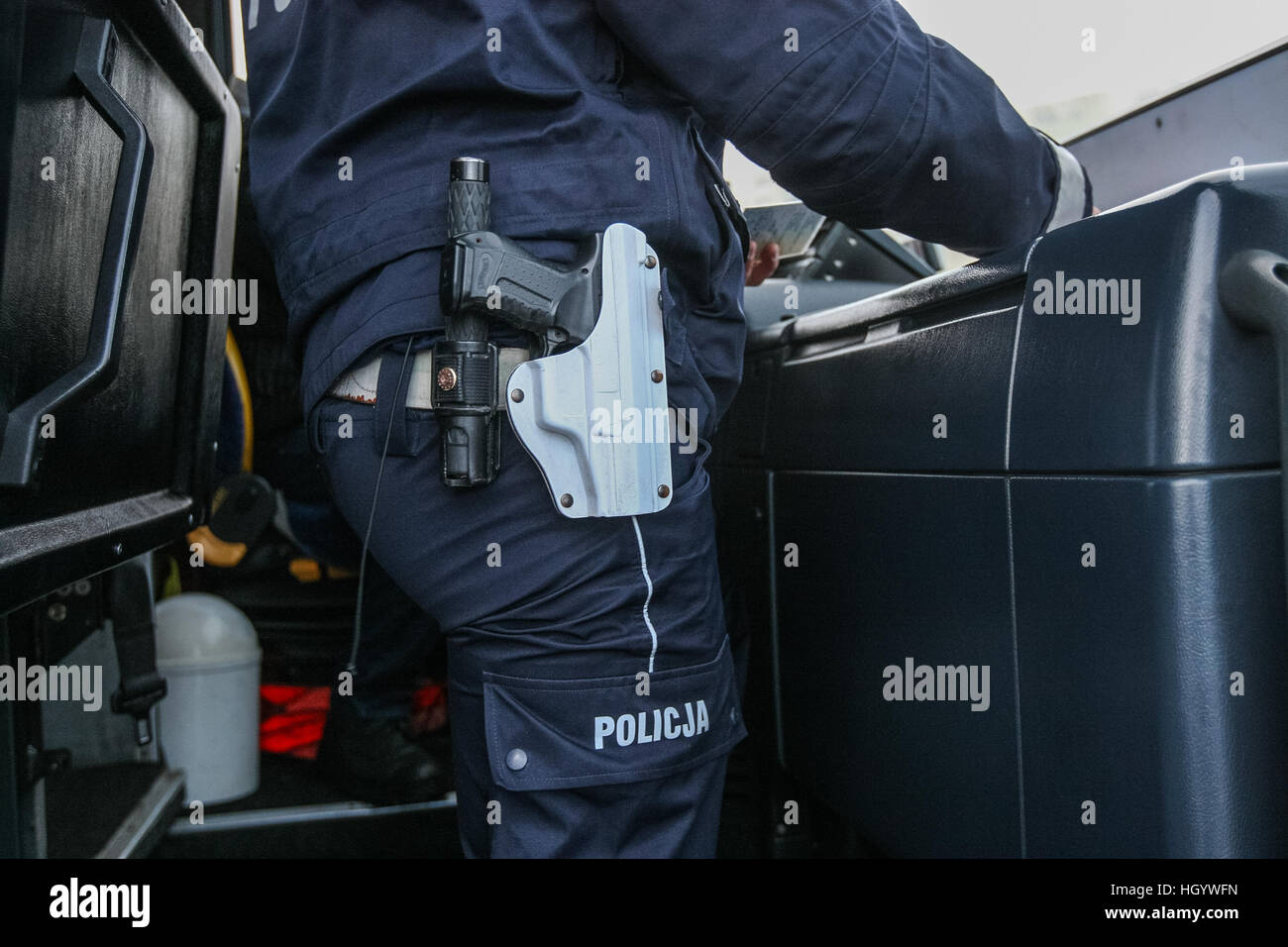 Gdansk, Poland. 14th Jan, 2017. Polish Traffic Police checks the technical condition of the buses used to transport children and drivers sober. Children in Poland starts winter holiday, and many of them goes for camps and colonies to the mountains. © Michal Fludra/Alamy Live News Stock Photo