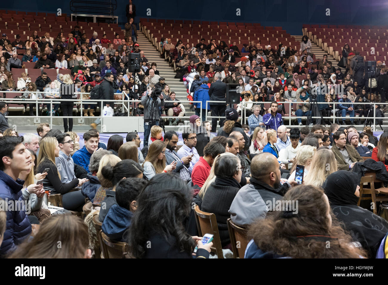 London, Ontario, Canada, 13th January, 2017. Members of the audience wait for the Prime Minister of Canada, before the start of a town hall Q&A. London was one of the Prime Minister's stops as part of his cross-country tour. Credit: Rubens Alarcon/Alamy Live News Stock Photo