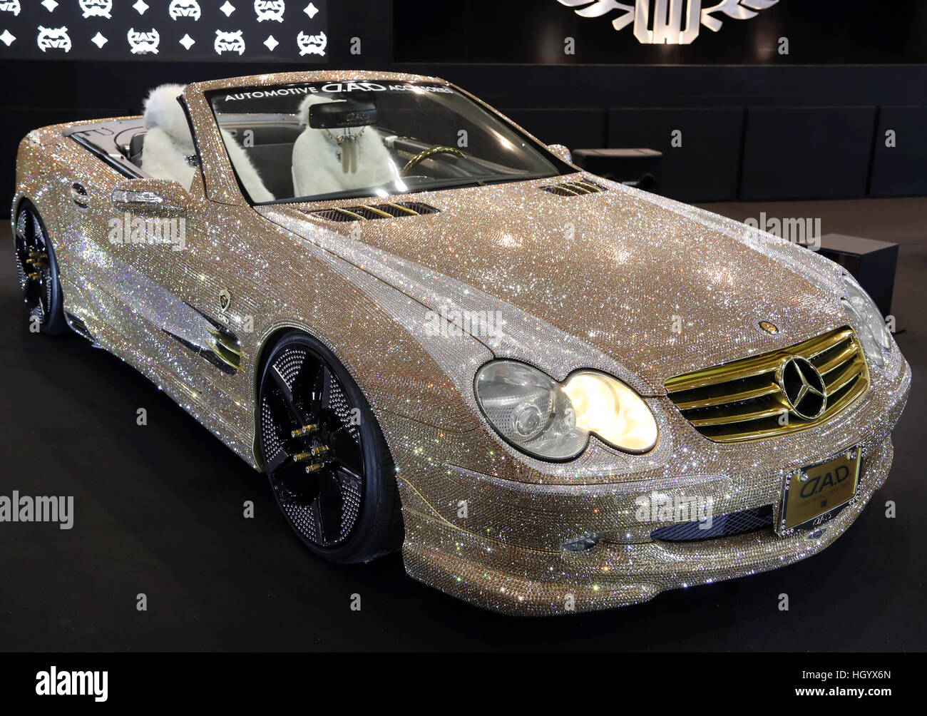 Chiba, Japan. 13th Jan, 2017. A Mercedes vehicle decorated with Swarovski crystals is displayed at the Tokyo Auto Salon 2017 in Chiba, suburban Tokyo on Friday, January 13, 2017. More than 400 automakers and auto parts makers exhibit their latest products at a three-day custom cars and racing cars exhibition. © Yoshio Tsunoda/AFLO/Alamy Live News Stock Photo