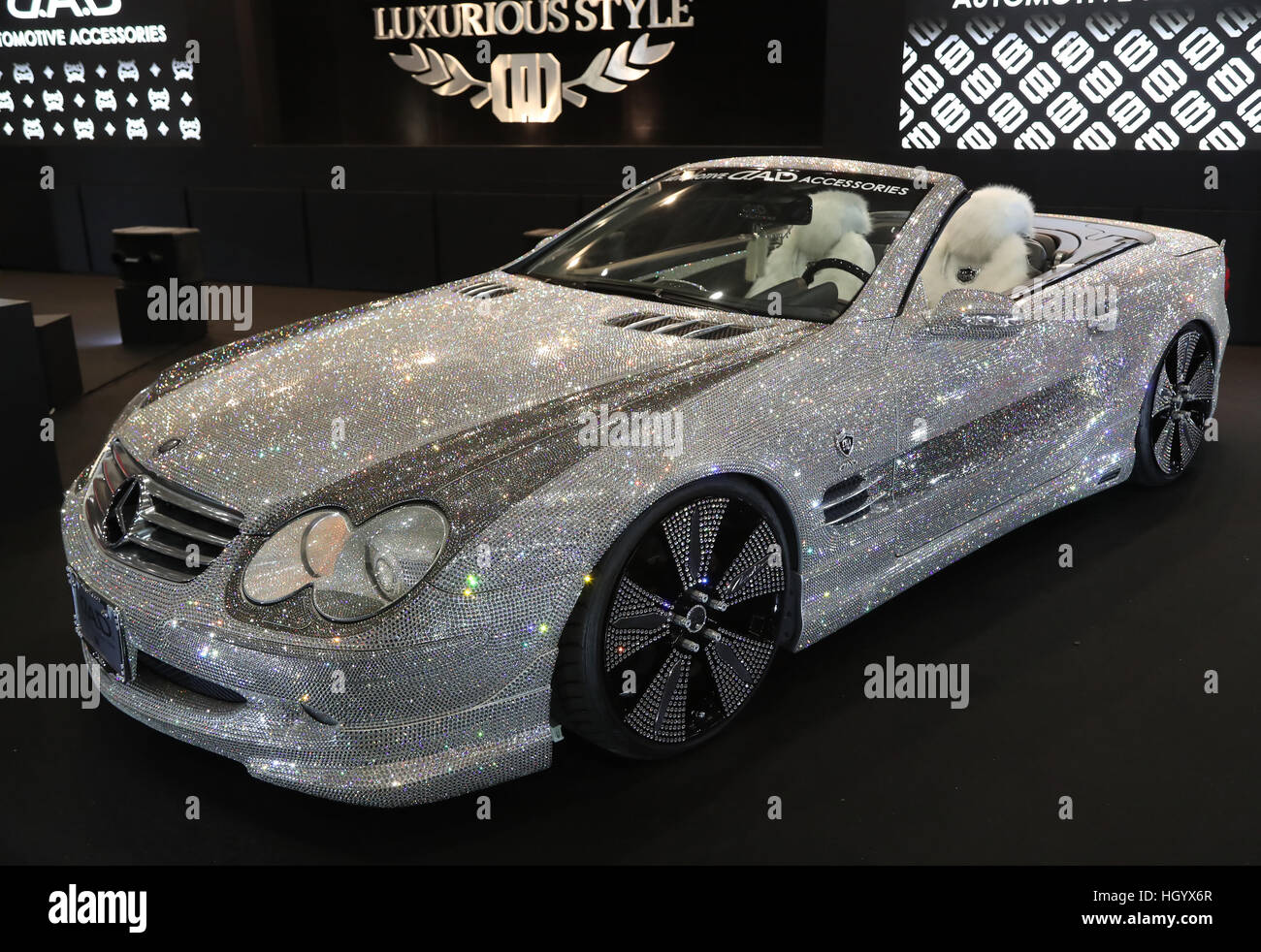 Chiba, Japan. 13th Jan, 2017. A Mercedes vehicle decorated with Swarovski  crystals is displayed at the Tokyo Auto Salon 2017 in Chiba, suburban Tokyo  on Friday, January 13, 2017. More than 400