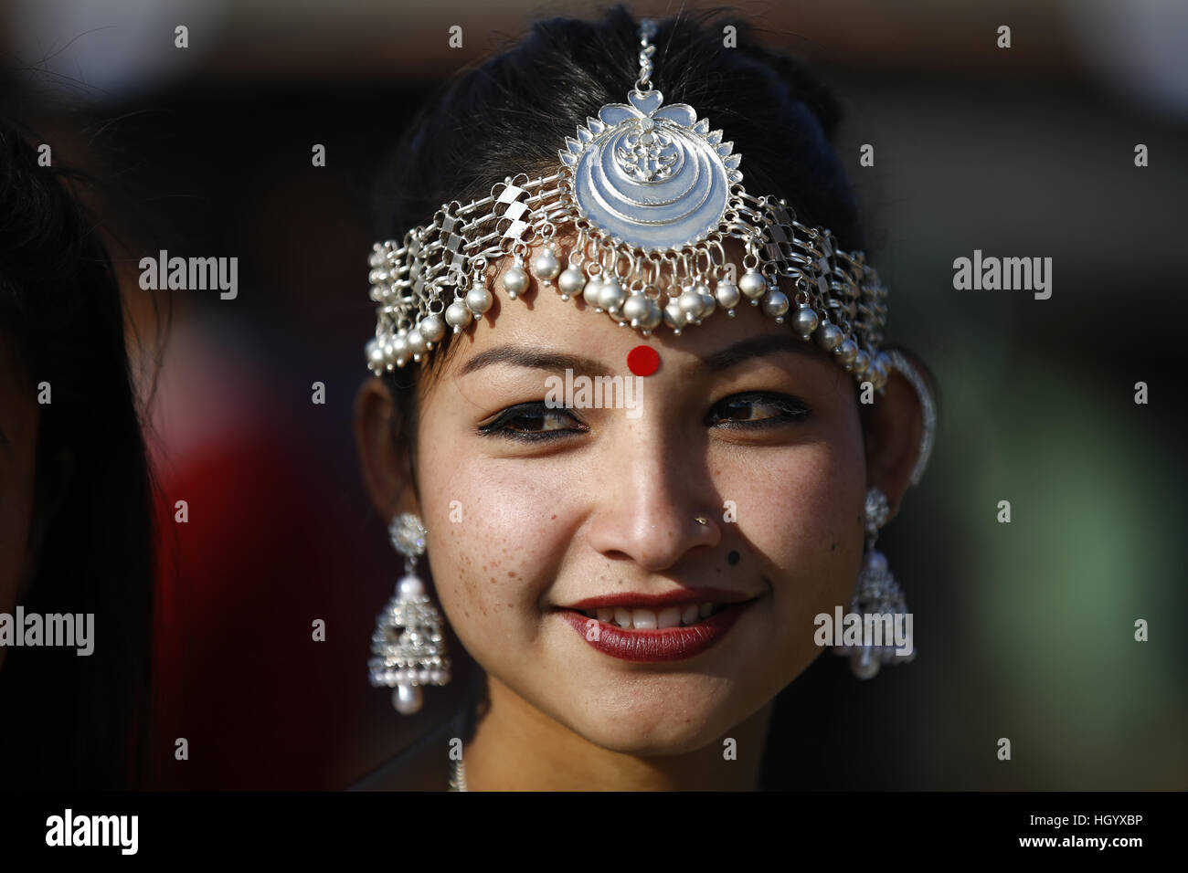 Kathmandu Nepal 14th Jan 2017 A Woman From Ethnic Tharu Community Clad In Traditional Attire