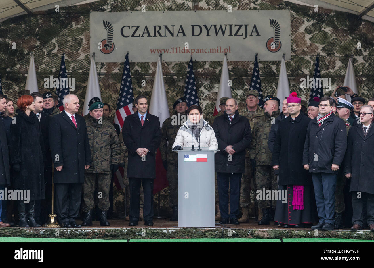 Zagan, Poland. 14th Jan, 2017. The official welcoming ceremony of US troops from ABCT - Armored Brigade Combat Team in Poland with Beata Szydlo - Prime Minister of Poland, Minister of Defense Antoni Maciarewicz and US Ambassador in Poland Paul W. Jones Credit: Krzysztof Kaniewski/Alamy Live News Stock Photo