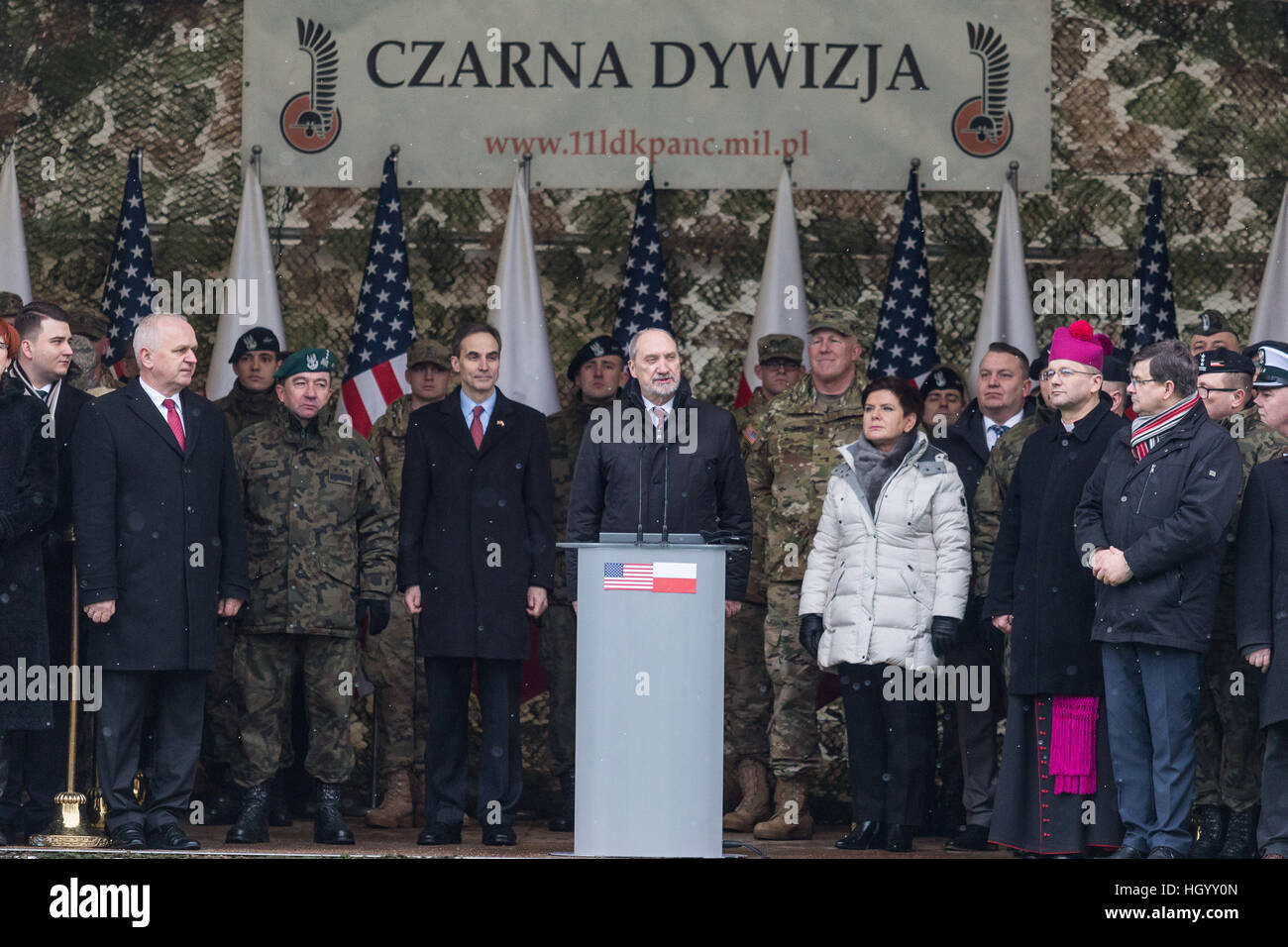 Zagan, Poland. 14th Jan, 2017. The official welcoming ceremony of US troops from ABCT - Armored Brigade Combat Team in Poland with Beata Szydlo - Prime Minister of Poland, Minister of Defense Antoni Macierewicz and US Ambassador in Poland Paul W. Jones Credit: Krzysztof Kaniewski/Alamy Live News Stock Photo