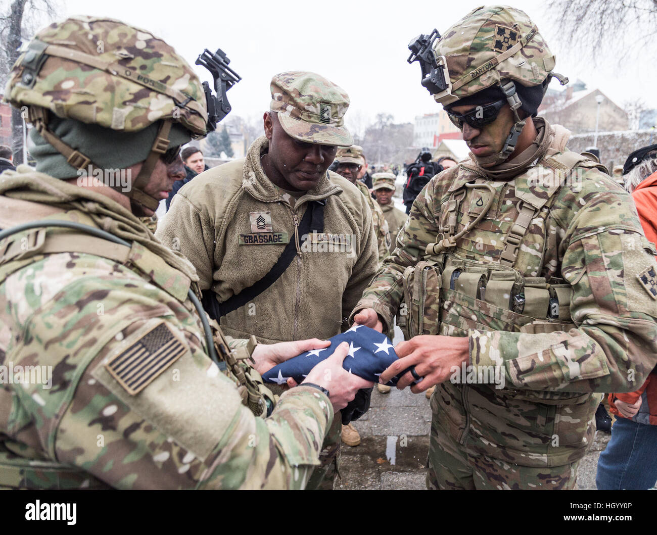 Zagan, Poland. 14th Jan, 2017. The official welcoming ceremony of US troops from ABCT - Armored Brigade Combat Team in Poland with Beata Szydlo - Prime Minister of Poland, Minister of Defense Antoni Maciarewicz and US Ambassador in Poland Paul W. Jones Credit: Krzysztof Kaniewski/Alamy Live News Stock Photo