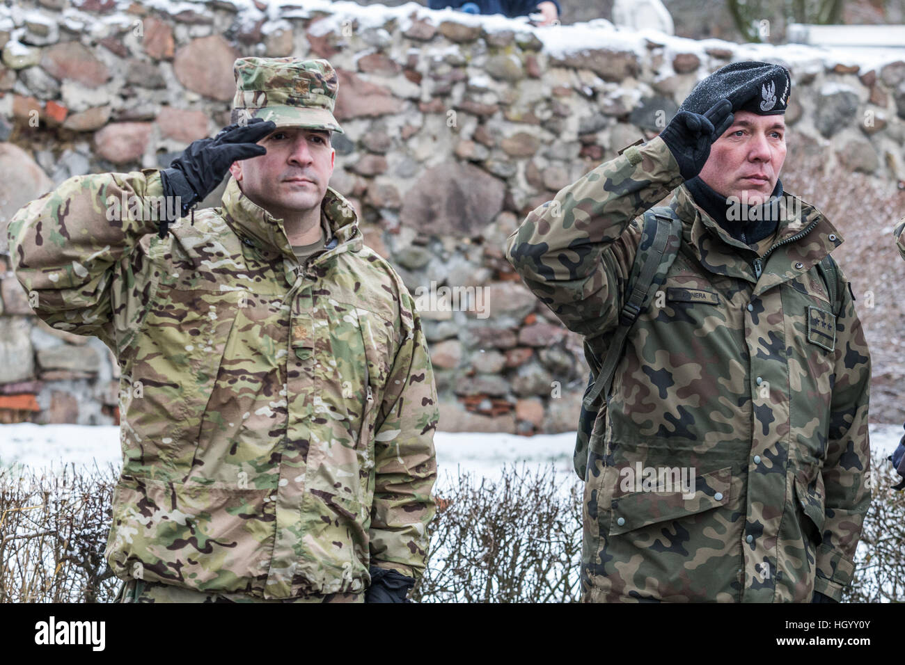 Zagan, Poland. 14th Jan, 2017. The official welcoming ceremony of US troops from ABCT - Armored Brigade Combat Team in Poland with Beata Szydlo - Prime Minister of Poland, Minister of Defense Antoni Maciarewicz and US Ambassador in Poland Paul W. Jones Credit: Krzysztof Kaniewski/Alamy Live News Stock Photo