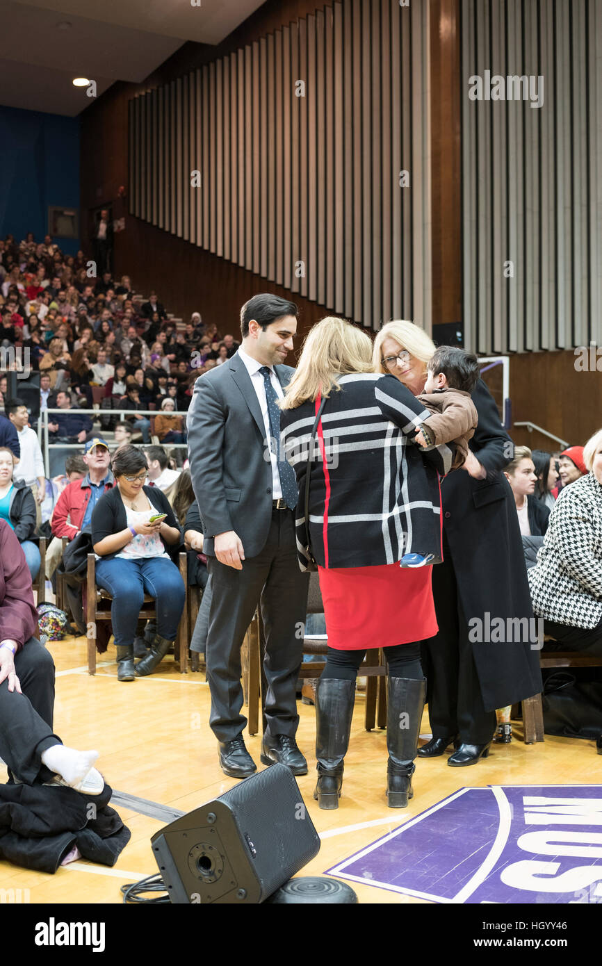 London, Ontario, Canada, 13th January, 2017. Kate Young, Member of Parliament (MP) London West, and Peter Fragiskatos, Member of Parliament (MP) London North Centre, interact with members of the audience before the start of a town hall Q&A with the Prime Minister of Canada, held in London, Ontario. London was one of the Prime Minister's stops as part of his cross-country tour. Credit: Rubens Alarcon/Alamy Live News Stock Photo