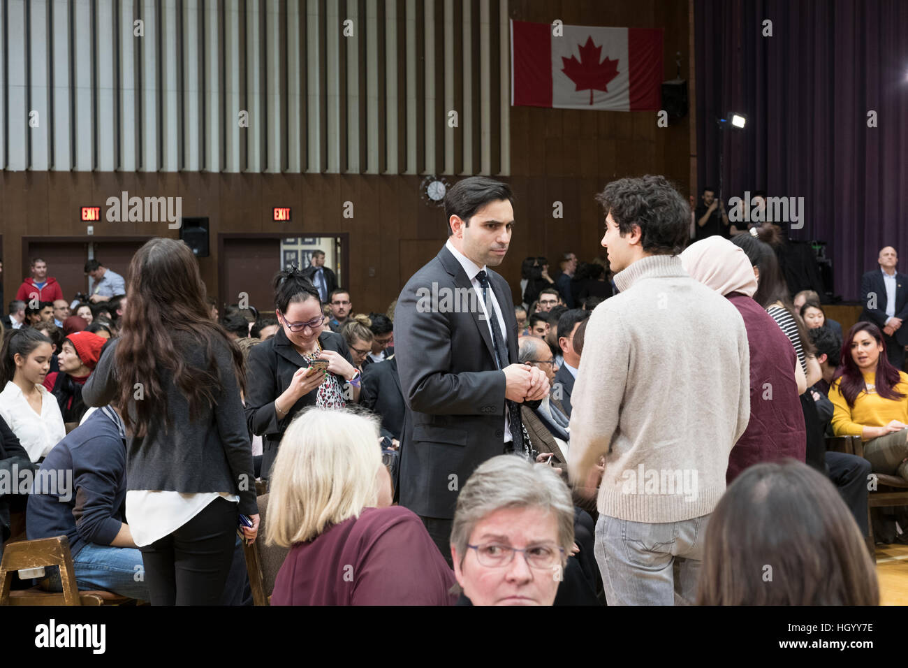 London, Ontario, Canada, 13th January, 2017. Peter Fragiskatos, Member of Parliament (MP) London North Centre, talks with members of the audience before the start of a town hall Q&A with the Prime Minister of Canada, held in London, Ontario. London was one of the Prime Minister's stops as part of his cross-country tour. Credit: Rubens Alarcon/Alamy Live News Stock Photo