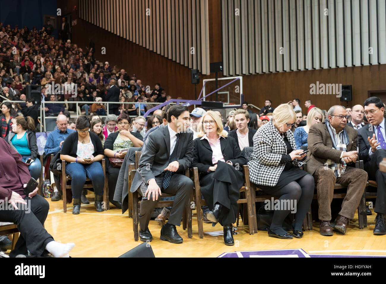 London, Ontario, Canada, 13th January, 2017. Kate Young, Member of Parliament (MP) London West, and Peter Fragiskatos, Member of Parliament (MP) London North Centre, wait for the start of a town hall Q&A with the Prime Minister of Canada, held in London, Ontario. London was one of the Prime Minister's stops as part of his cross-country tour. Credit: Rubens Alarcon/Alamy Live News Stock Photo