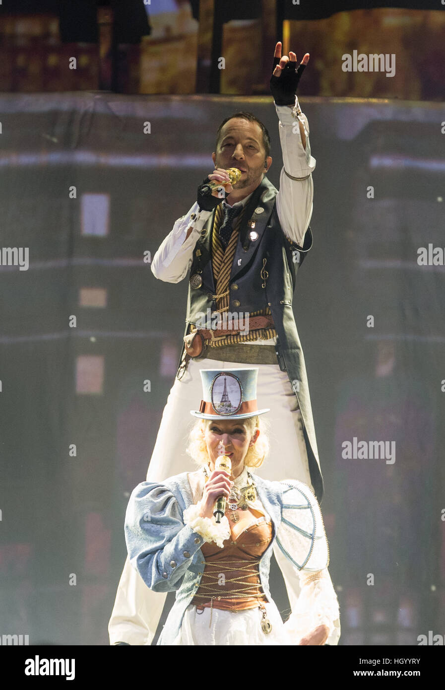 The Swiss musician DJ BoBo stands on stage during the first concert of ...