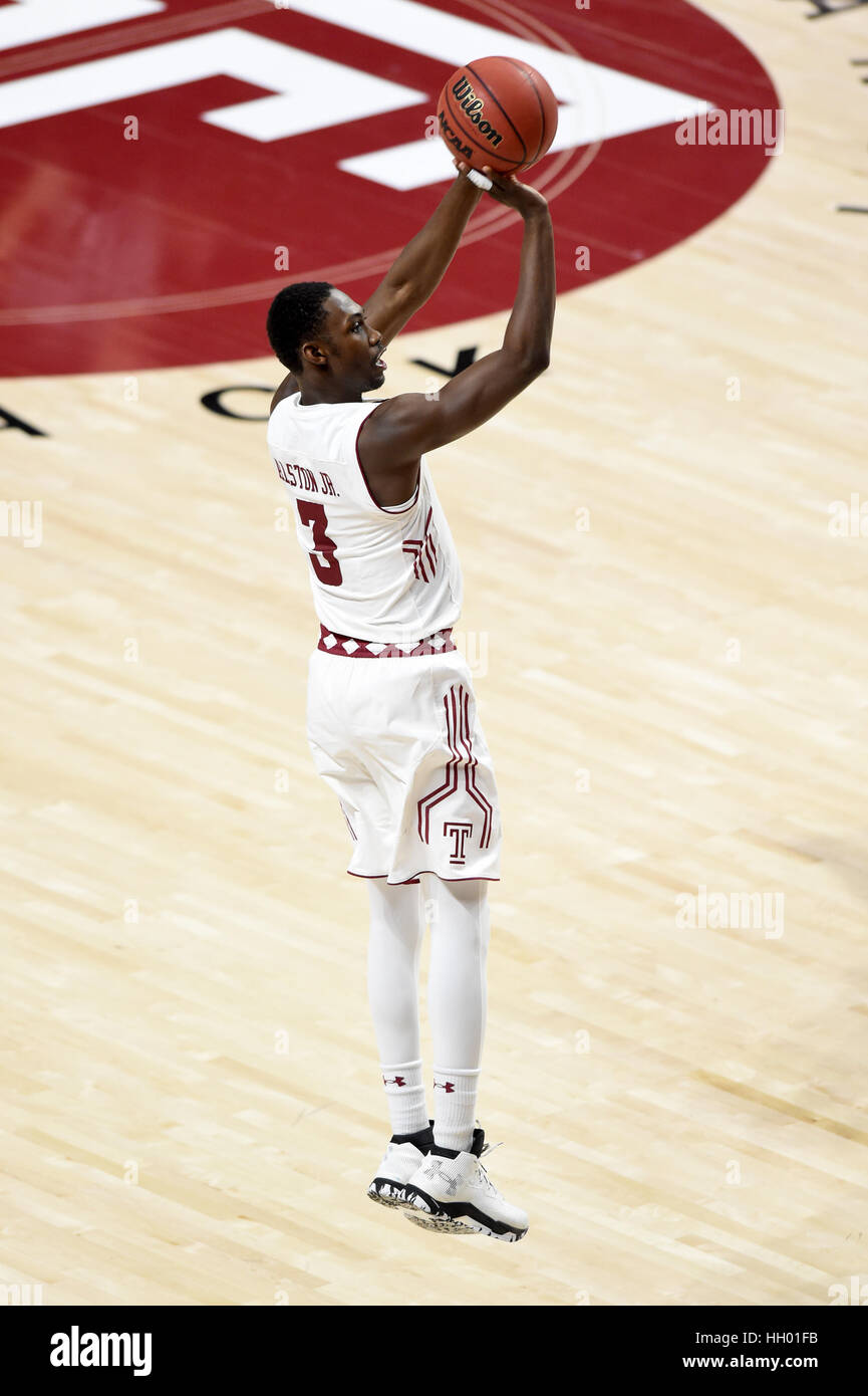 Philadelphia, USA. 14th January, 2017. Temple Owls guard SHIZZ ALSTON JR. (3) shoots a three-pointer during the American Athletic Conference basketball game being played at the Liacouras Center in Philadelphia. Tulsa beat Temple 70-68 in Philadelphia, USA. Credit: Ken Inness/ZUMA Wire/Alamy Live News Stock Photo