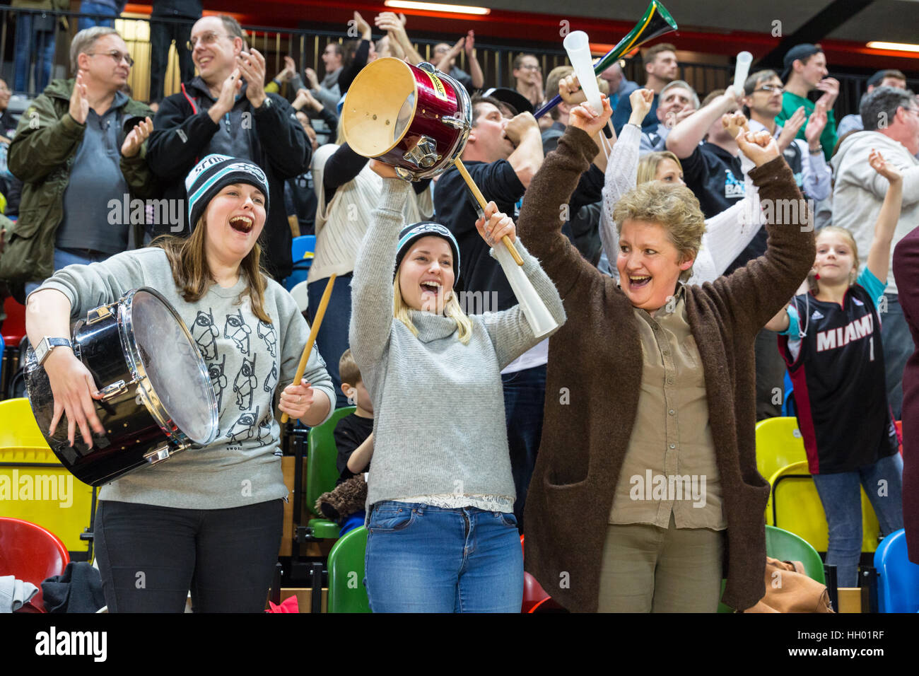 London, UK. 14th January, 2017. Surrey Scorchers supporters celebrate. Tensions run high in the BBL Trophy basketball game between home team London Lions and visitors Surrey Scorchers as both teams try to get to the next round of the Trophy. Scorchers pinch the game in the last 20 seconds and win 88-87 over the Lions. Credit: Imageplotter News and Sports/Alamy Live News Stock Photo