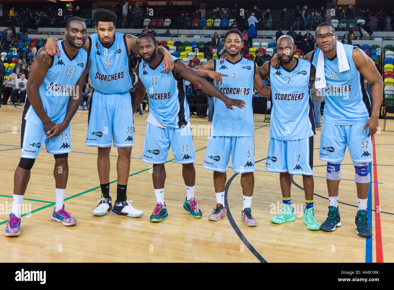 London, UK. 14th January, 2017. Surrey players (left to right) Ogedengbe (15), Rollins (35), Margai (10) Taylor (5), Popoola (7) and Ochereobia (52)  celebrate their win. Tensions run high in the BBL Trophy basketball game between home team London Lions and visitors Surrey Scorchers as both teams try to get to the next round of the Trophy. Scorchers pinch the game in the last 20 seconds and win 88-87 over the Lions. Credit: Imageplotter News and Sports/Alamy Live News Stock Photo