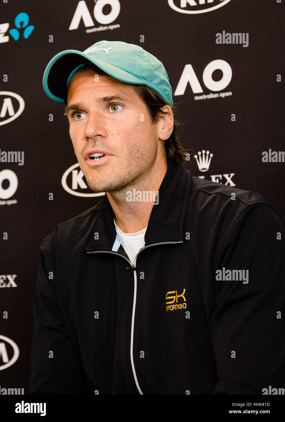 Melbourne, Australia. 15th January 2017. Tommy Haas of Germany speaks during a press conference before the start of the 2017 Australian Open at Melbourne Park in Melbourne, Australia. Credit: Frank Molter/Alamy Live News Stock Photo