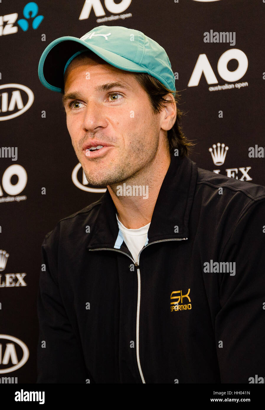 Melbourne, Australia. 15th January 2017. Tommy Haas of Germany speaks during a press conference before the start of the 2017 Australian Open at Melbourne Park in Melbourne, Australia. Credit: Frank Molter/Alamy Live News Stock Photo