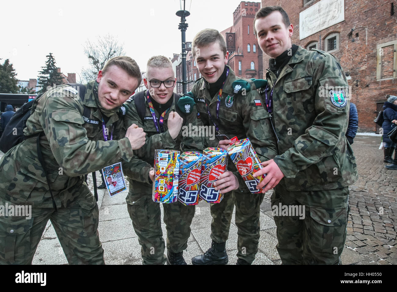 Gdansk, Poland. 15th January 2017. Volunteers in military uniforms collecting money are seen during 25th Grand Finale of Great Orchestra of Christmas Charity (WOSP) on January 15th, 2017 in Gdansk. Over 120 thousands of volunteers across the Poland collect money on the streets in special cans labelled with a red heart. This year finale is once again devoted to paediatrics and geriatrics. Credit: Michal Fludra/Alamy Live News Stock Photo