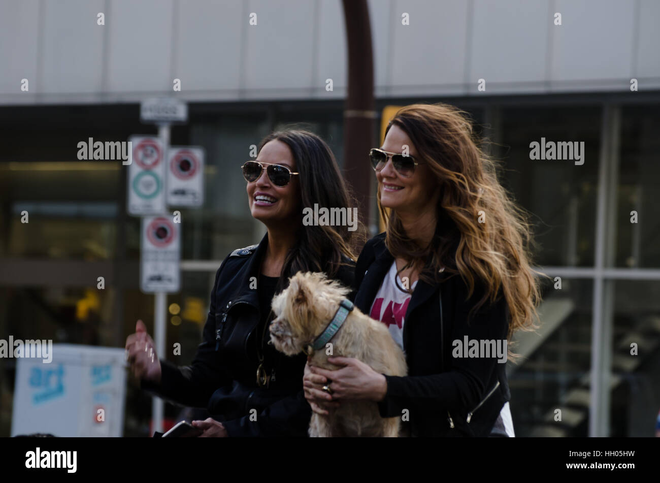 Calgary, Alberta, Canada - April 17 2015: Trish Stratus (left) and Amy 'Lita' Dumas (right) of WWE fame at Calgary Comic Expo Stock Photo