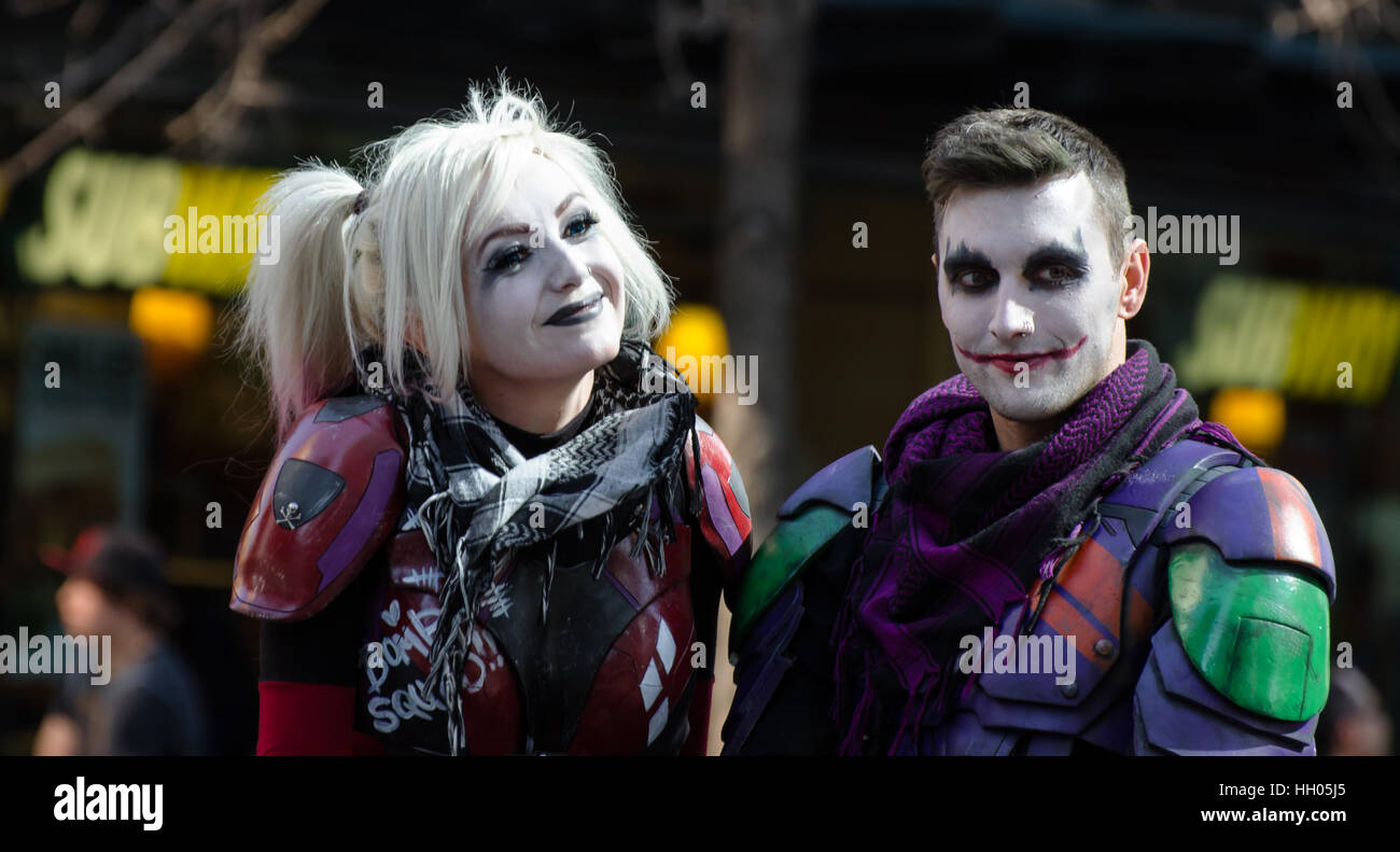 Calgary, Alberta, Canada - April 17 2015: The Joker and Harley Quinn at the Calgary Comic an Entertainment Expo Parade Stock Photo
