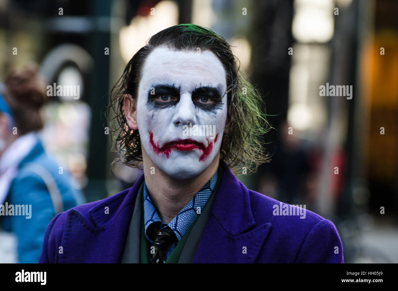 Calgary, Alberta, Canada - April 17 2015: The Joker Dark Knight version posing at the Calgary Comic an Entertainment Expo Parade Stock Photo