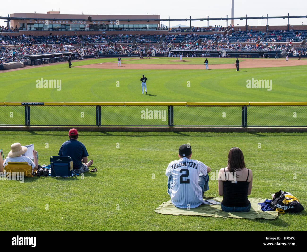 Outfield grass seats, Colorado Rockies vs. Seattle Mariners, Peoria Sports Complex, Peoria, Arizona. Stock Photo