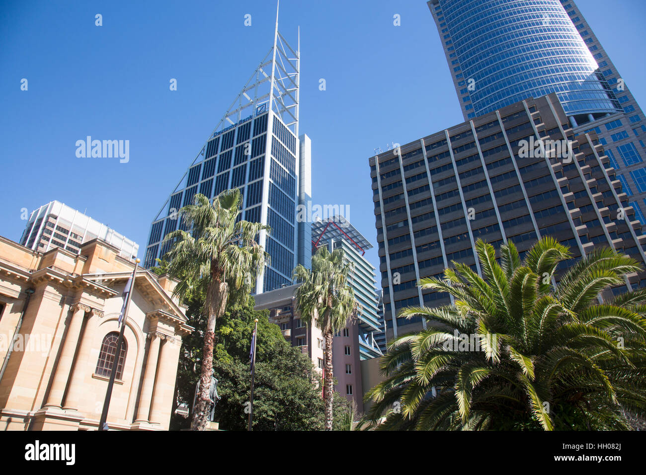 Sydney skyline cityscape along macquarie street in the city centre with skyscraper buildings and State library ,Australia Stock Photo