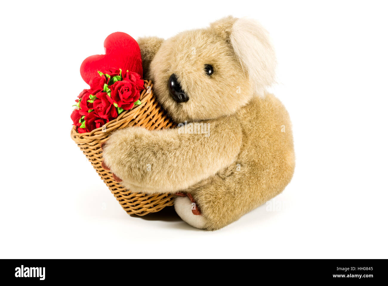 Cute Teddy Bear Carrying Bamboo Basket Full Of Red Roses And Heart On White Background Stock Photo Alamy