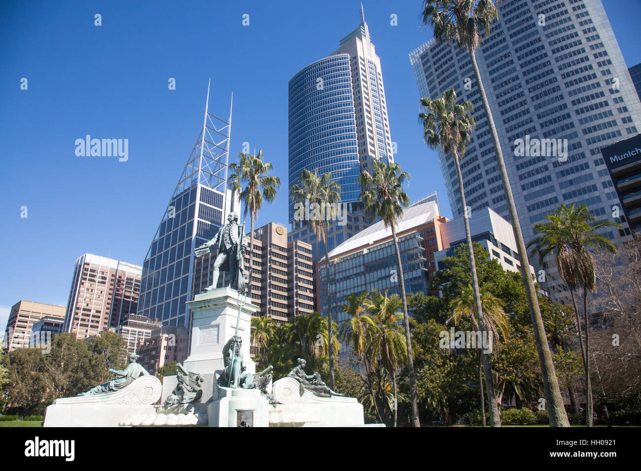 Sydney Royal Botanic Gardens and statue of First Governor Arthur Phillip, Sydney city centre,Australia with modern city offices Stock Photo