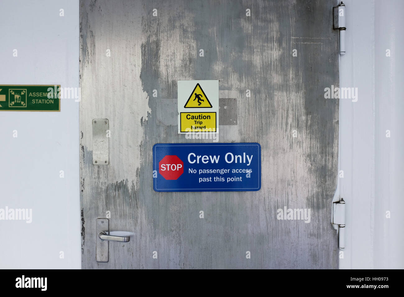 A 'crew only' sign on  a passenger ferry in New Zealand. Stock Photo