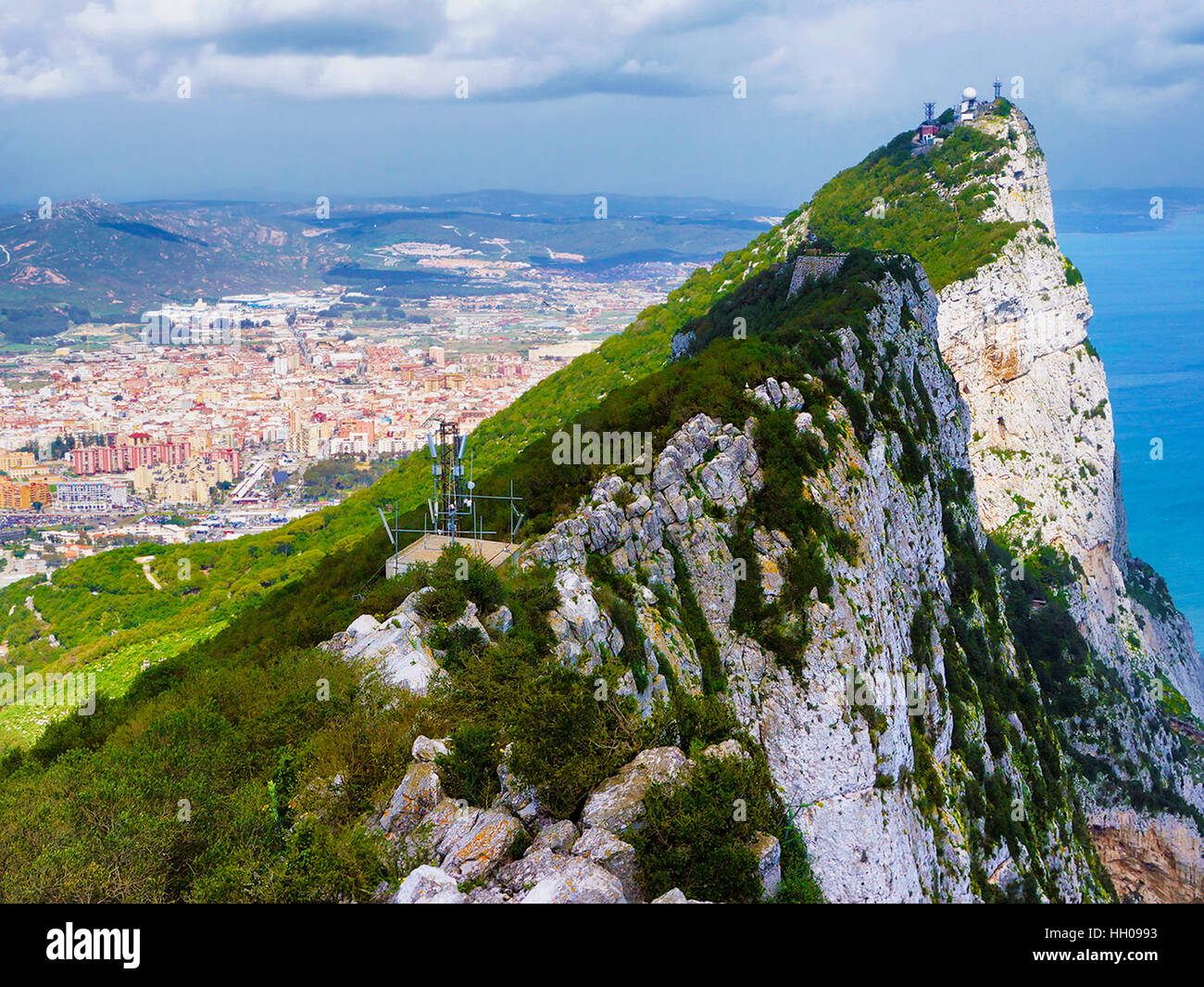 Aerial view of top of Gibraltar Rock. Gibraltar is a territory of South West Europe which is part of the United Kingdom. Stock Photo