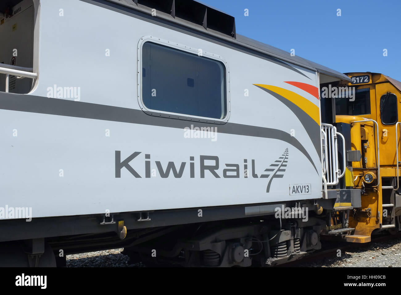 A KiwiRail train at Greymouth station in New Zealand. Stock Photo