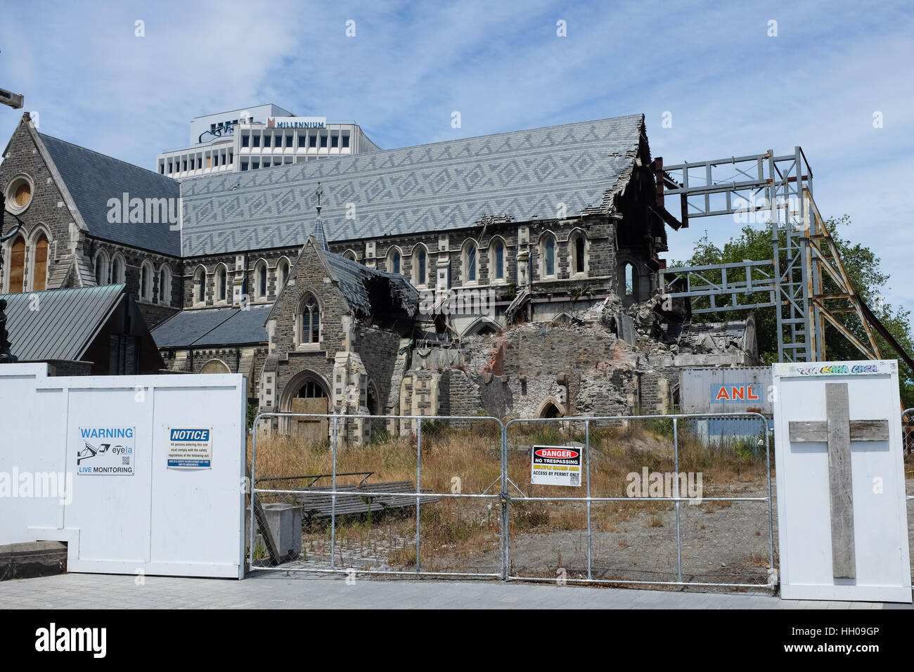 Christchurch Cathedral in 2017, damaged in the earthquake that struck the New Zealand city in 2011. Stock Photo