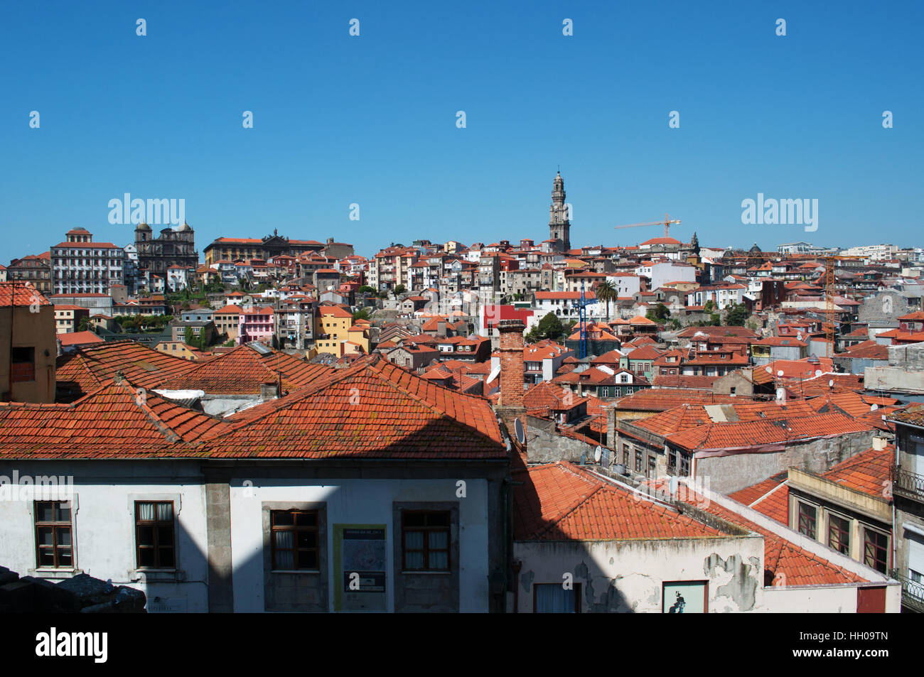 Porto, Portugal: red roofs of the Old City with view of Torre dos Clerigos, a stone tower in baroque style built between 1754 and 1763 Stock Photo