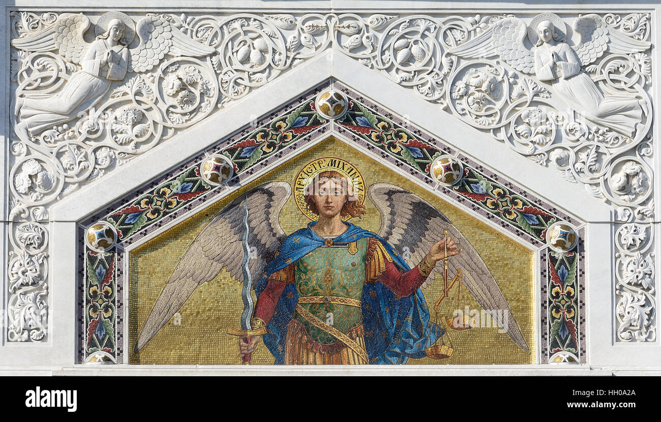 Mosaic of Saint Michael on the facade of the Serbian Orthodox Church in Trieste. Stock Photo