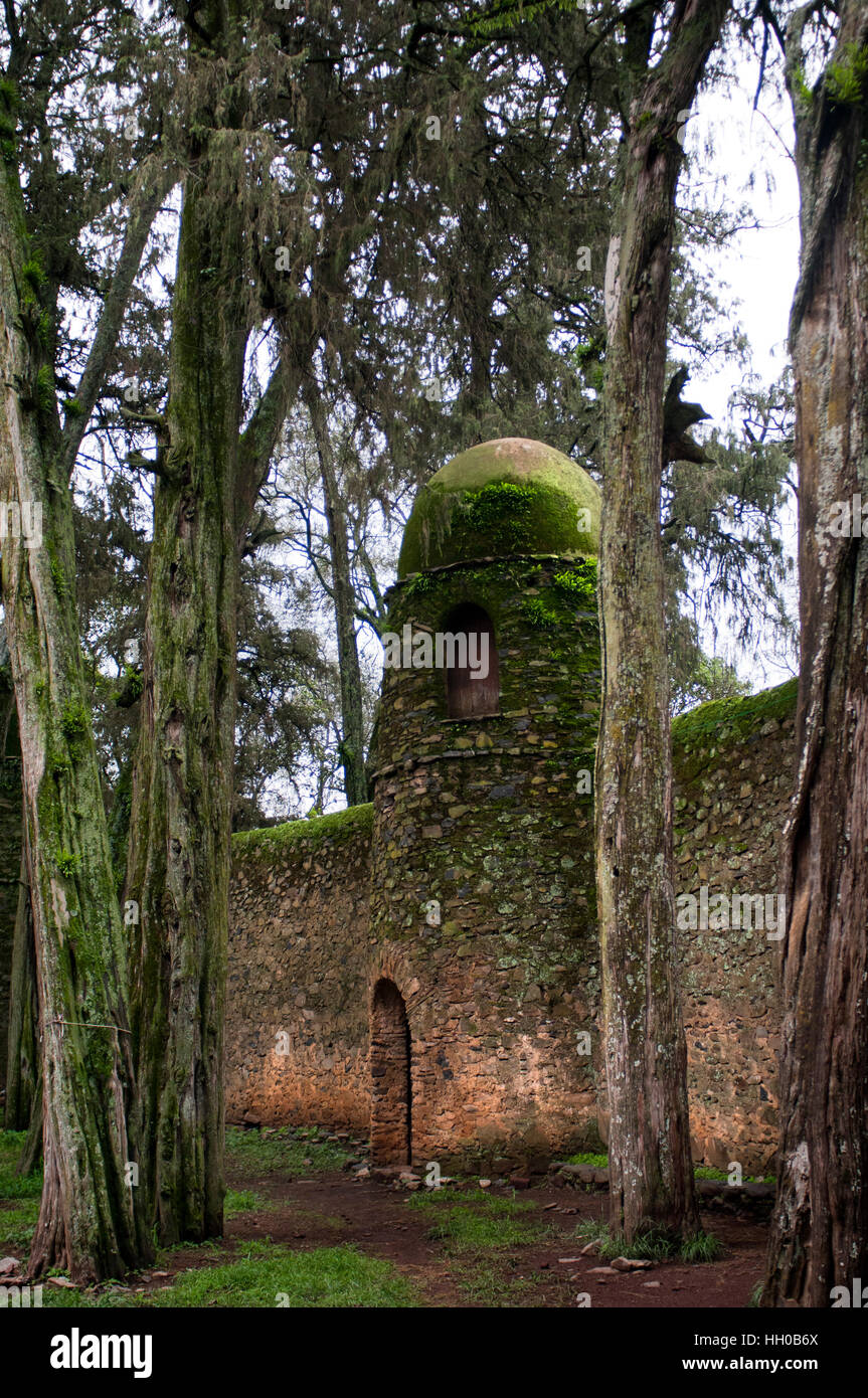 Debre Berhan Selassie Church in Gonder, Ethiopia.  Exterior wall of the church Debre Berhan Selassie. Together with the nearby 11 castles and adjacent Stock Photo