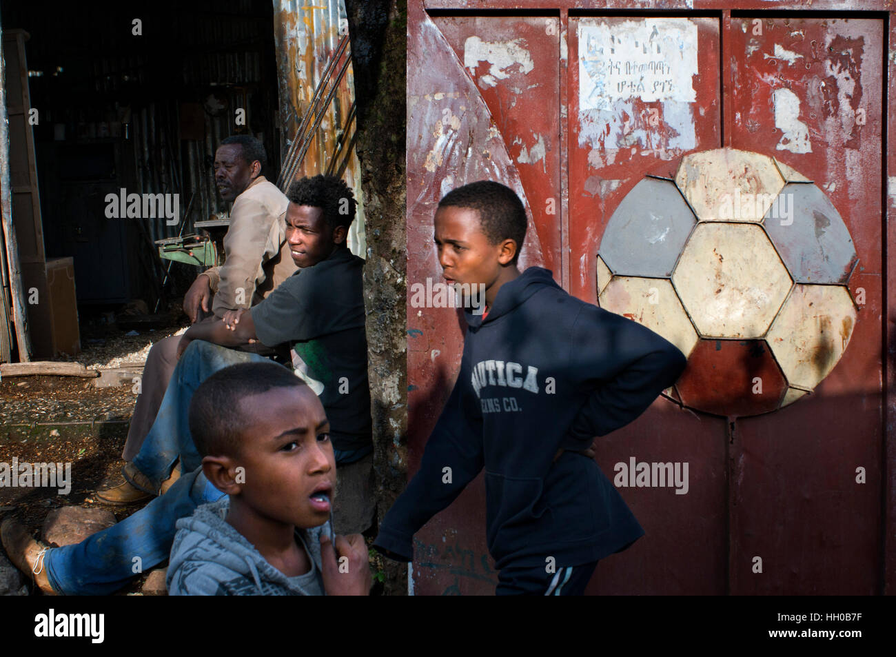 The children play soccer on the outskirts of Gondar, Ethiopia. Gondar gained such cultural and economic importance that it was the capital of the king Stock Photo