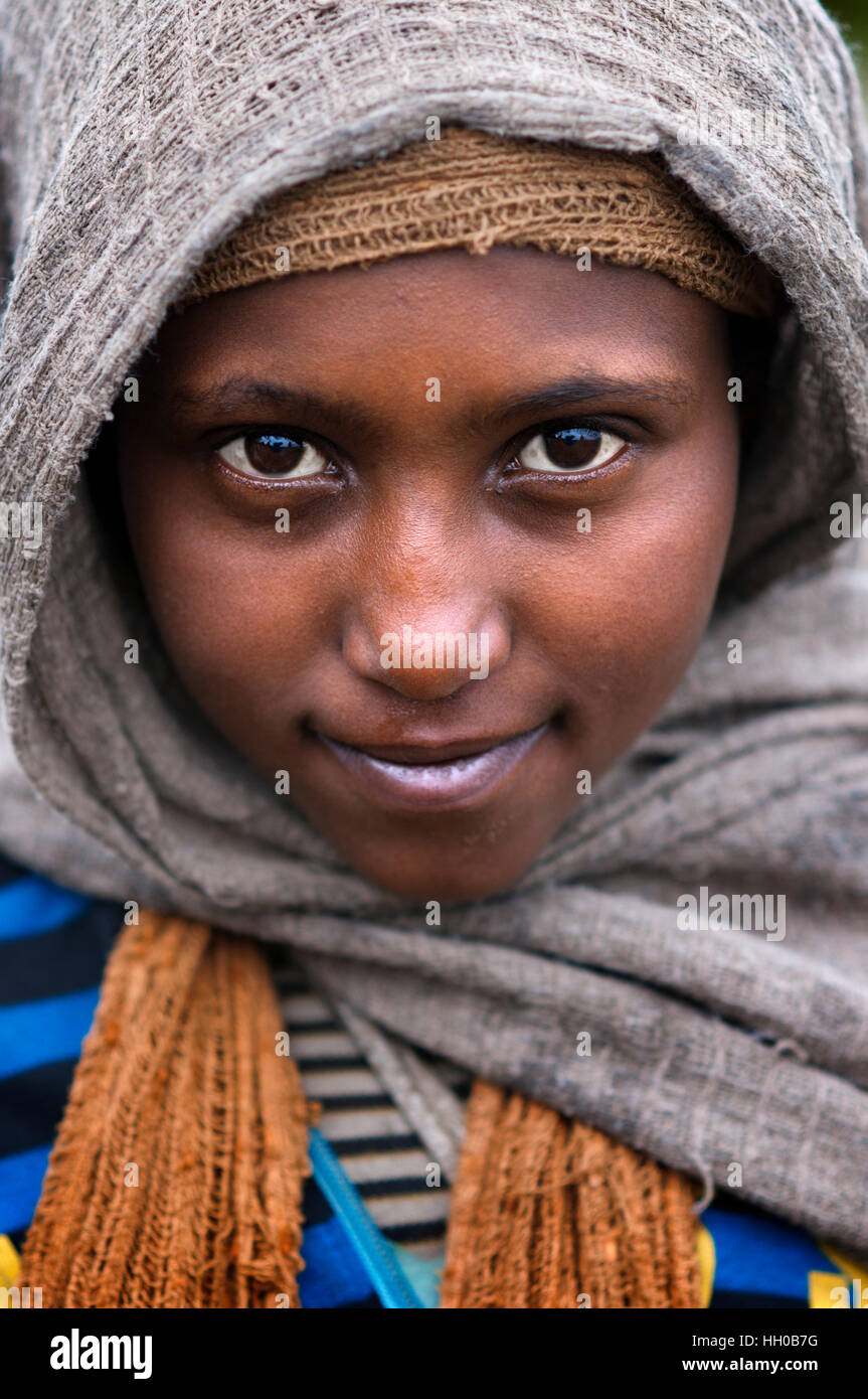 Simien Mountains National Park, Amhara region, North Ethiopia. Portrait of a child in the Simien Mountains National Park. The mountains of Ethiopia ar Stock Photo