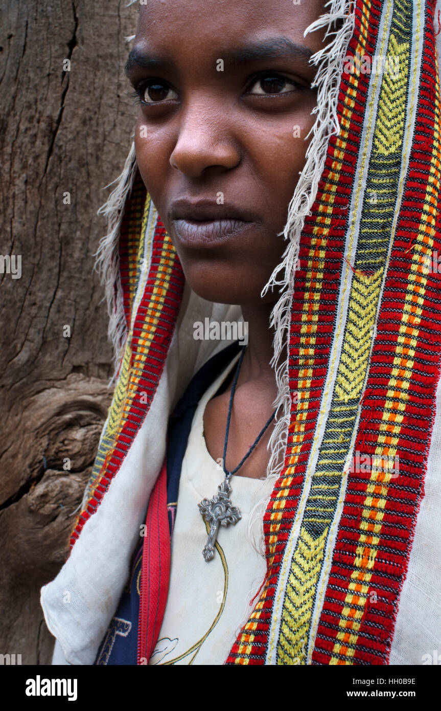 The temple of Yeha in Tigray, museum, Ethiopia. Portrait of a villager in Yeha. In Yeha, in addition to the visits to the ruins, it is also possible t Stock Photo