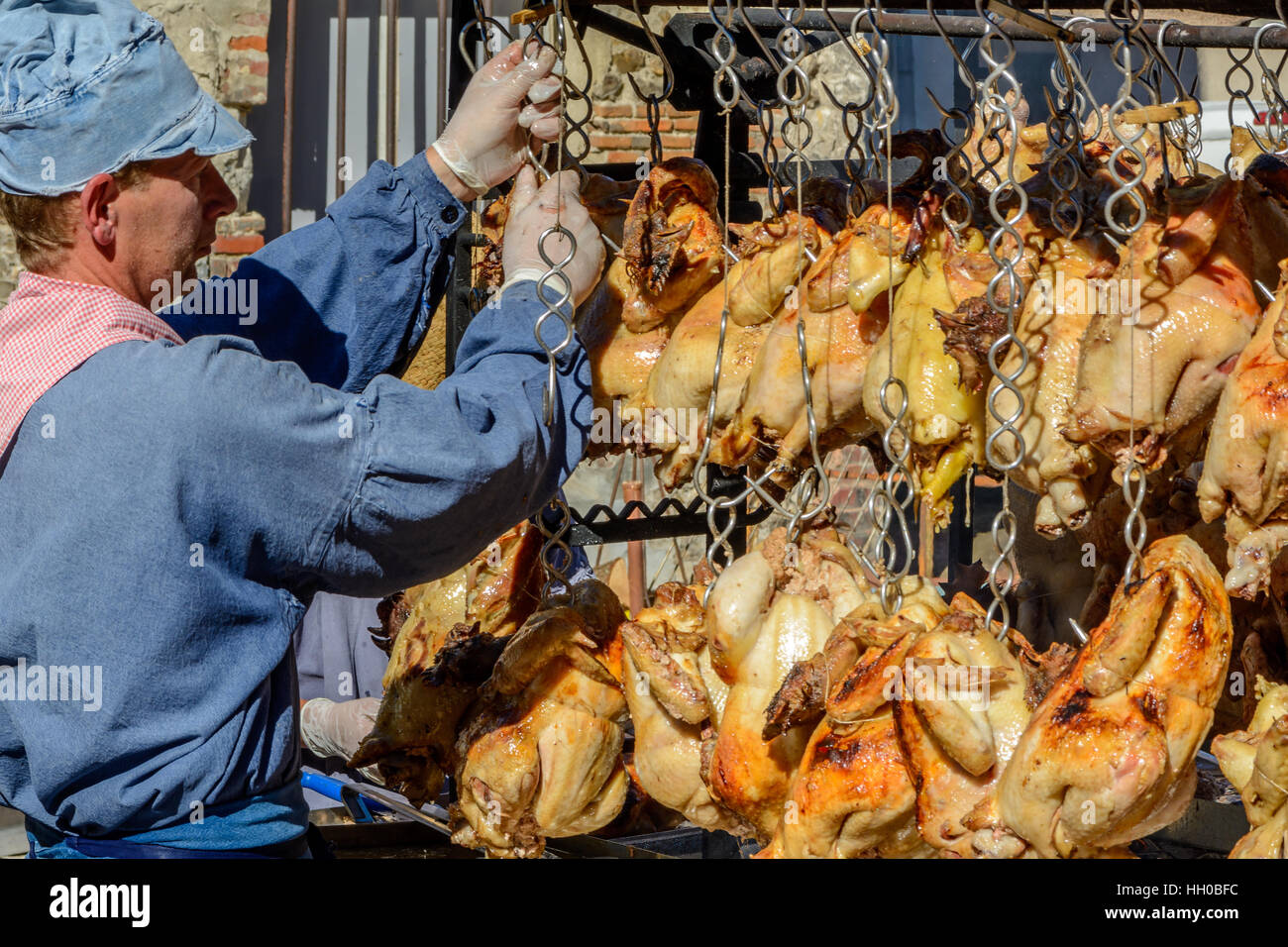 Grilled chicken on a traditional market in Normandy, France Stock Photo