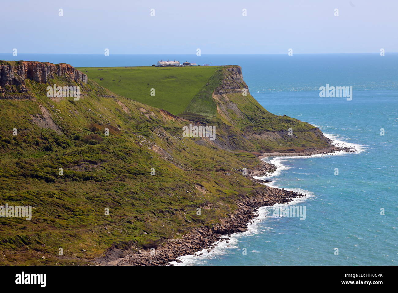 Headland of St Aldhelm's Head and Emmetts Hill from Houns Tout, Dorset UK with coastguard cottages Stock Photo
