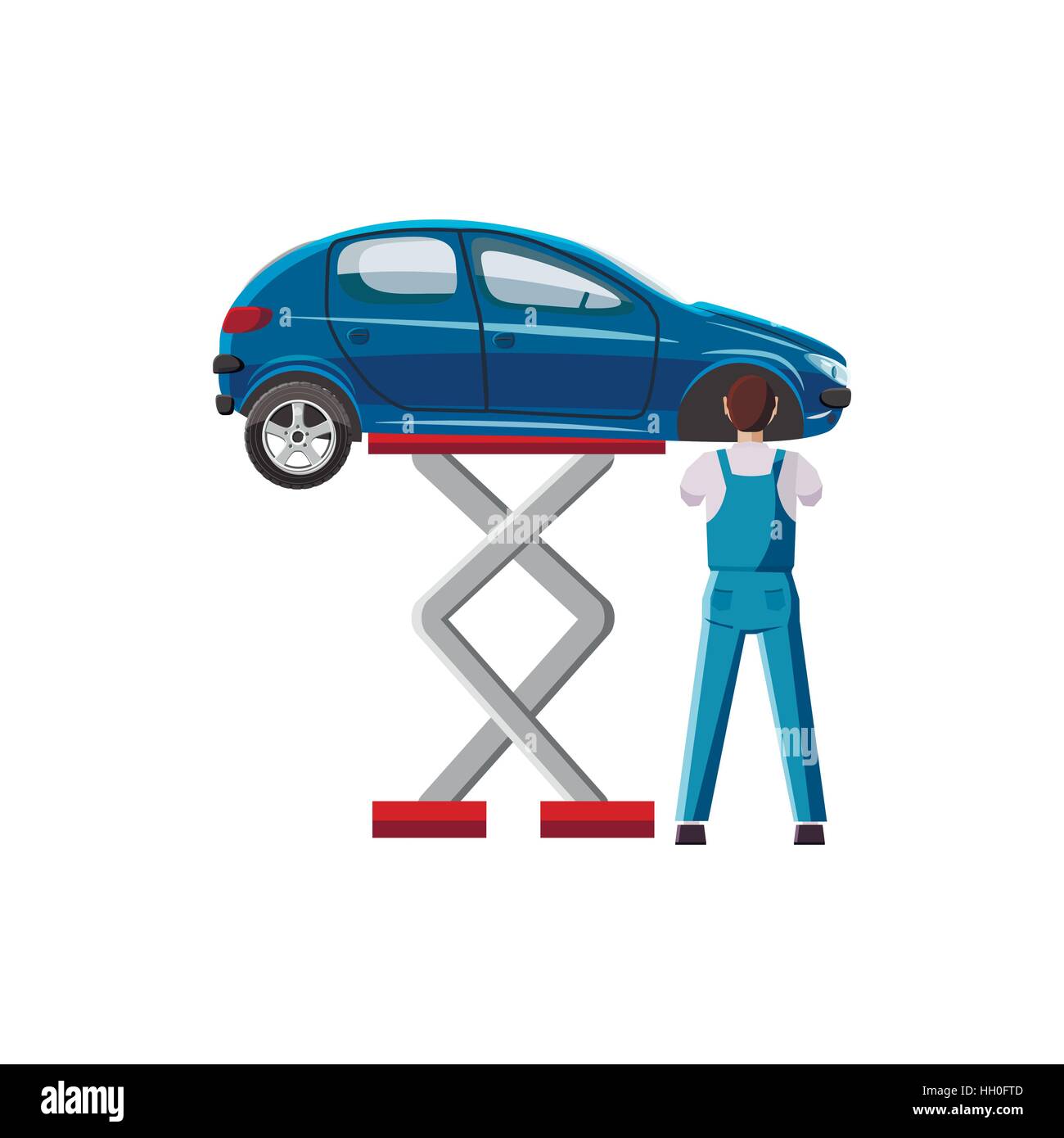 Blue car on a scissor lift platform icon Stock Vector