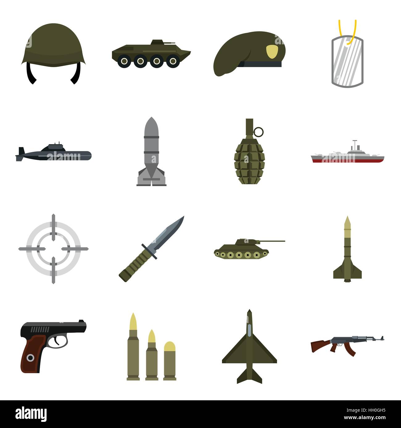 Military icons set, flat style Stock Vector