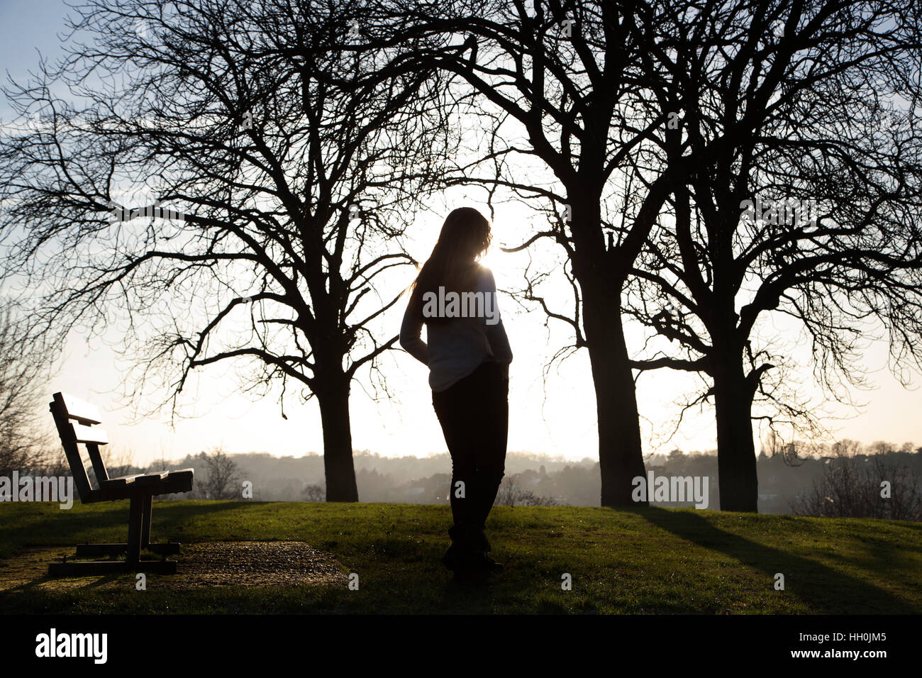 Silhouette of a back view of a woman standing alone by a bench in a quiet location with a light sky and trees. Stock Photo