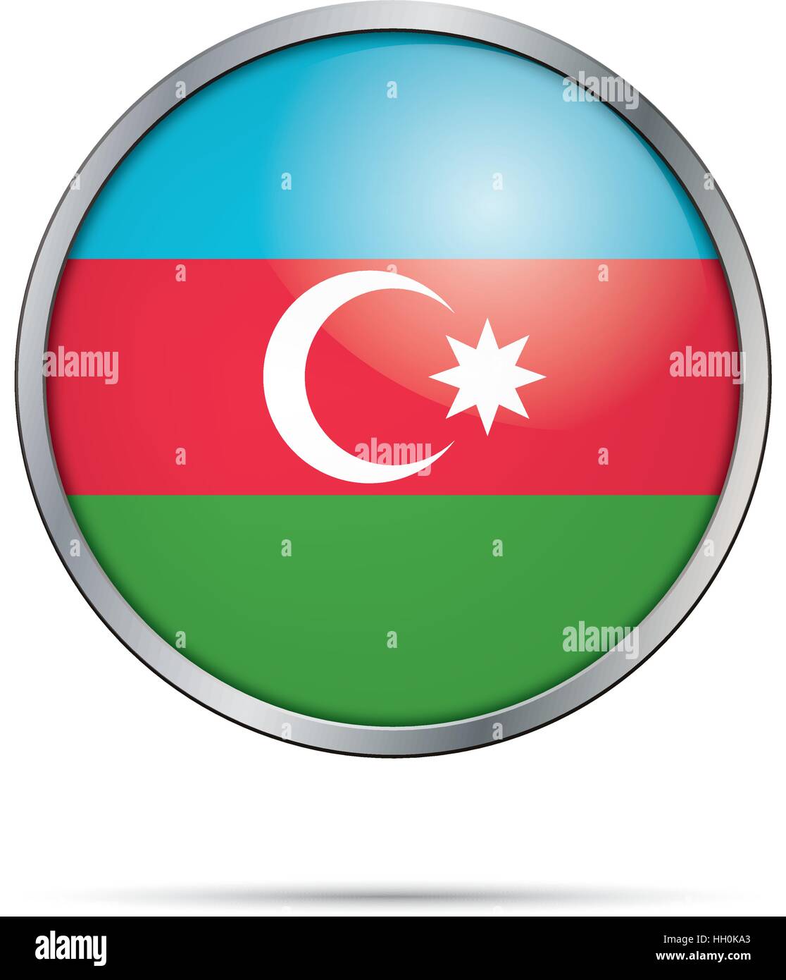 Vector Azerbaijanian flag Button. Azerbaijan flag in glass button style with metal frame. Stock Vector