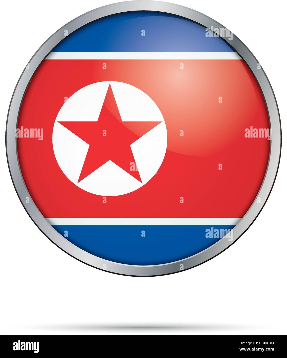 Vector North-Korean flag Button. North Korea flag in glass button style with metal frame. Stock Vector