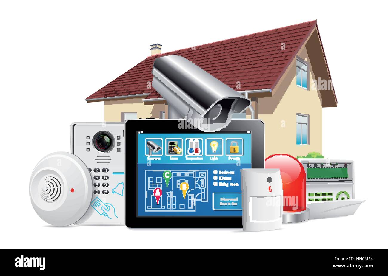 Home security system concept - motion detector, gas sensor, cctv camera, alarm siren Stock Vector