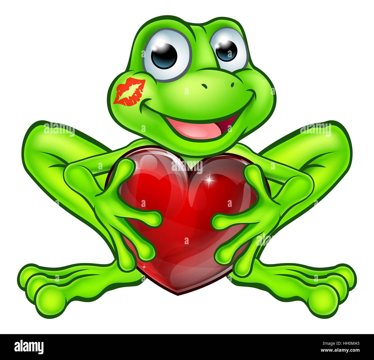 Cartoon frog fairy tale mascot character holding a heart shape with a lipstick kiss mark on his face Stock Photo