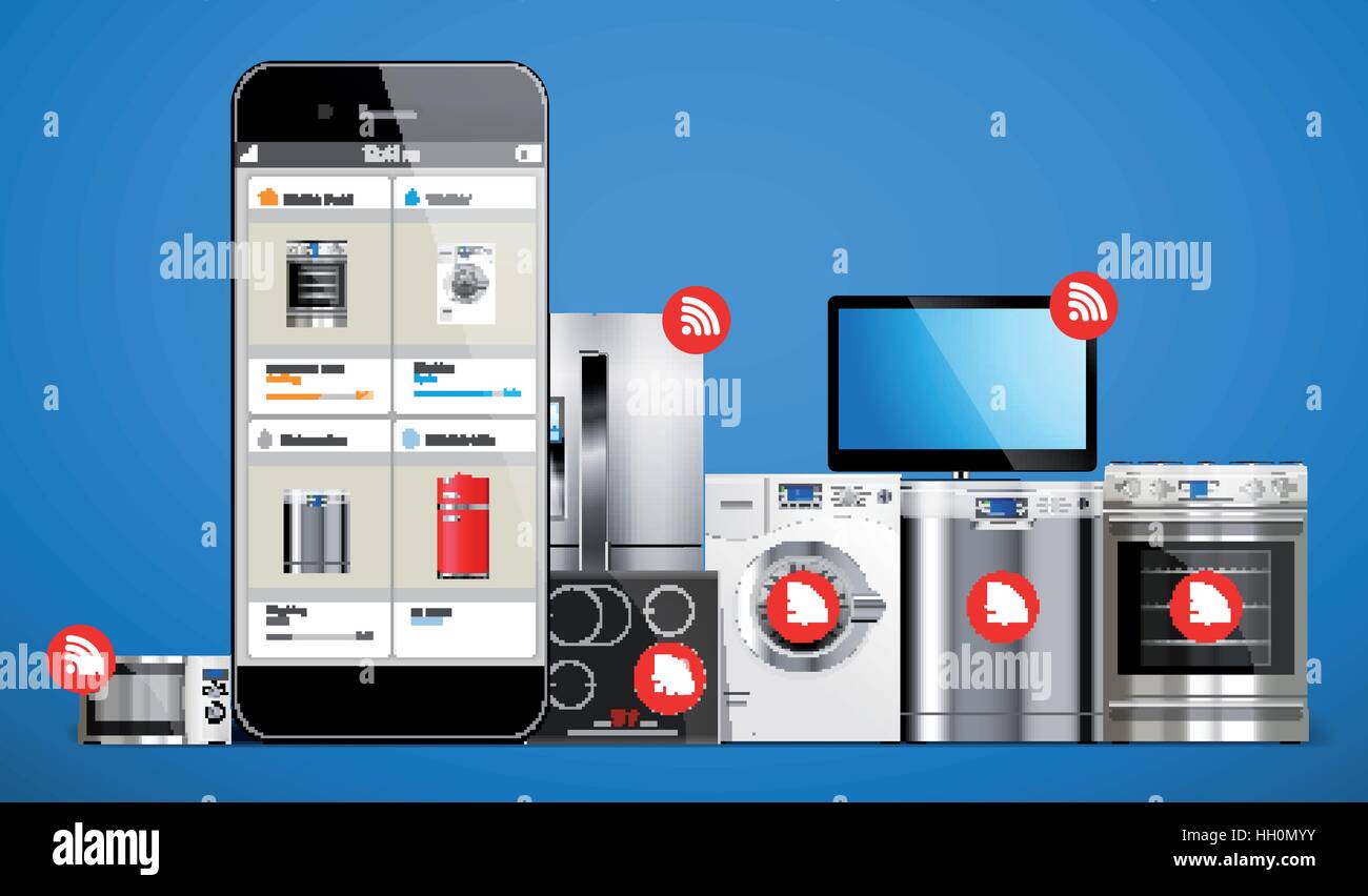 Smart home control system - kitchen and house appliances: microwave, washing machine, refrigerator, gas stove, dishwasher, tv managed by cell phone Stock Vector